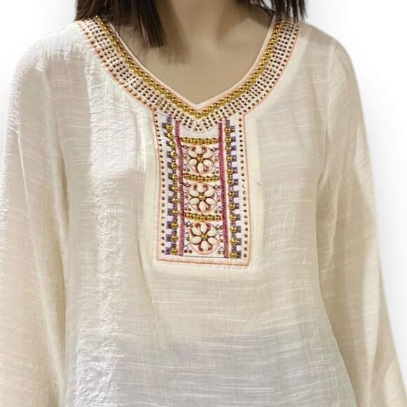 Wrangler Tops - Off White Embroidered Sequin V Neck 3/4  Bell Sleeve Western Top - NEW